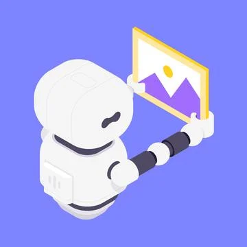 Modern Isometric Vector Illustration Of Friendly Robot Holding Tablet With .. Stock Illustration