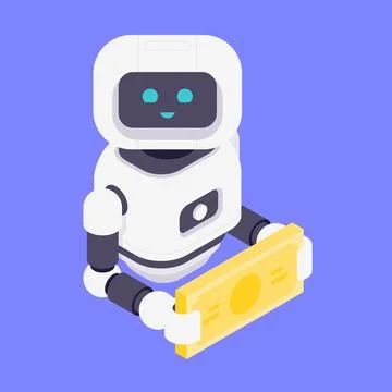Modern Isometric Vector Illustration Of Friendly AI Robot Holding Yellow Ba.. Stock Illustration