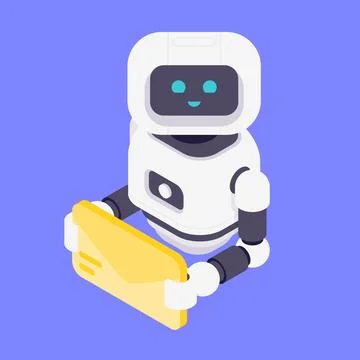 Modern Isometric Vector Illustration Of Friendly AI Robot Holding Yellow Em.. 스톡 일러스트