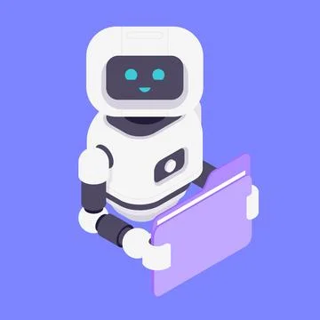 Modern Isometric Vector Illustration Of Friendly AI Robot Holding Purple Do.. Stock Illustration