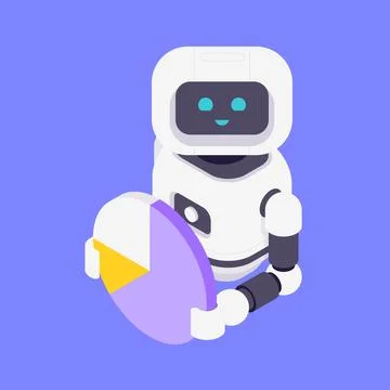 Modern Isometric Vector Illustration Of Friendly AI Robot Holding Circular .. Stock Illustration