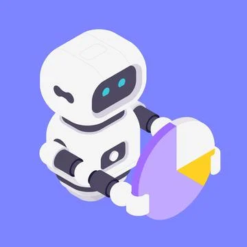 Modern Isometric Vector Illustration Of Friendly Robot Holding Circular Pie.. Stock Illustration