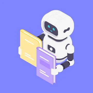 Modern Isometric Vector Illustration Of Friendly Robot Holding Yellow And P.. Stock Illustration