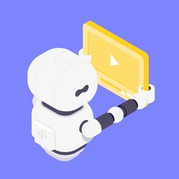 Modern Isometric Vector Illustration Of Friendly Robot Holding Video Player.. Stock Illustration