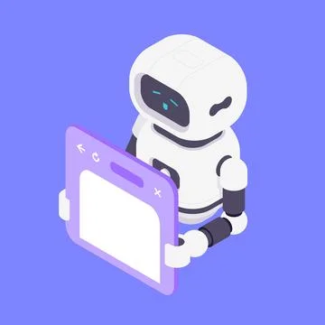 Modern Isometric Vector Illustration Of Friendly Robot Holding Web Browser .. 스톡 일러스트