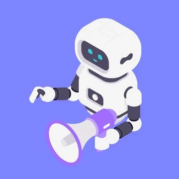Modern Isometric Vector Illustration Of Friendly Robot Holding Purple Megapho Stock Illustration