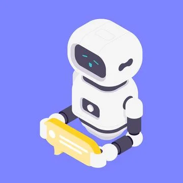 Modern Isometric Vector Illustration Of Friendly Robot Holding Yellow Speec.. Stock Illustration