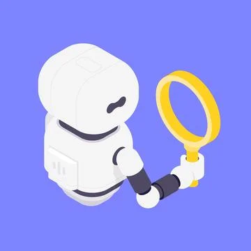 Modern Isometric Vector Illustration Of Friendly Robot Holding Yellow Magni.. Stock Illustration