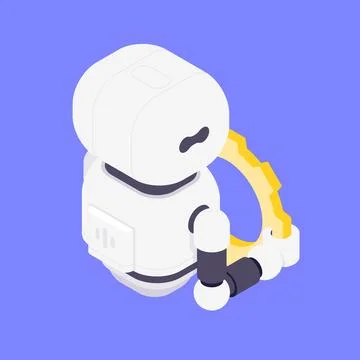 Modern Isometric Vector Illustration Of Friendly Robot Holding Yellow Gear .. Stock Illustration