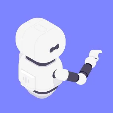 Modern Isometric Vector Illustration Of Friendly Robot Pointing With Hand G.. Illustrazione stock