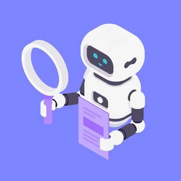 Modern Isometric Vector Illustration Of Friendly Robot Holding Magnifying G.. Stock Illustration