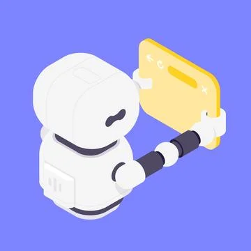 Modern Isometric Vector Illustration Of Friendly Robot Holding Yellow Brows.. 库存插图