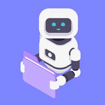 Modern Isometric Vector Illustration Of Friendly AI Robot Holding Purple Do.. Stock Illustration
