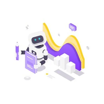 Modern Isometric Vector Illustration Of A Robot With Data Analysis Chart 스톡 일러스트