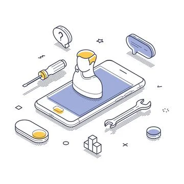 Modern isometric vector illustration of smartphone with user avatar and tools Illustrazione stock