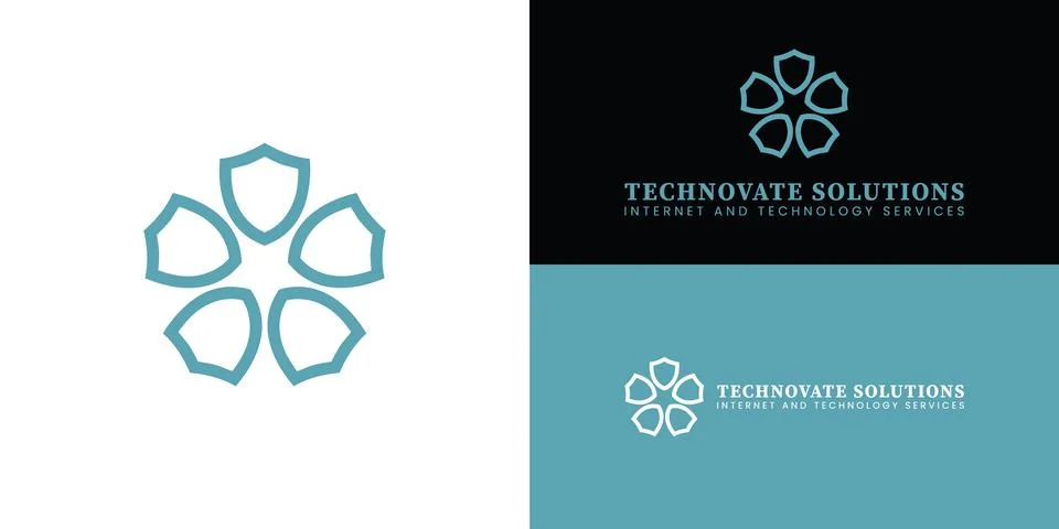 Modern IT logo featuring five teal shields arranged in a circle. Stock Illustration