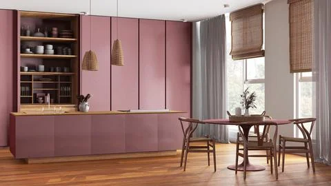 Modern japandi kitchen and dining room in red tones. Island and dining tabl.. 스톡 일러스트