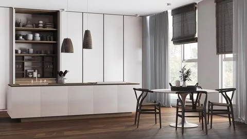 Modern japandi kitchen and dining room in dark wooden tones. Island and din.. Stock Illustration