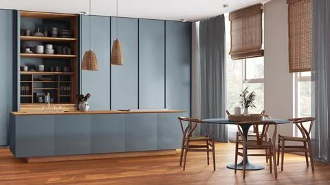 Modern japandi kitchen and dining room in blue tones. Island and dining tab.. Illustrazione stock