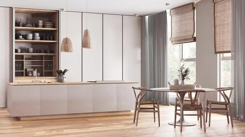 Modern japandi kitchen and dining room in bleached wooden tones. Island and.. Illustrazione stock