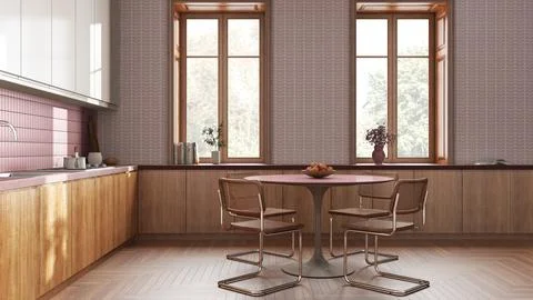 Modern japandi kitchen and dining room in white and red tones. Cabinets and.. Stock Illustration