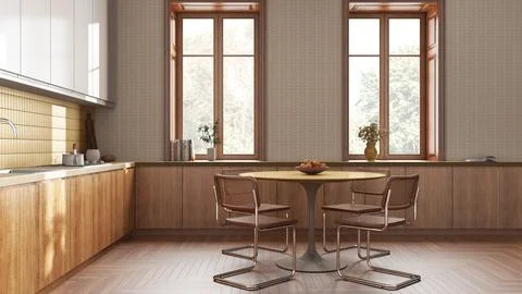 Modern japandi kitchen and dining room in white and yellow tones. Cabinets .. Illustrazione stock