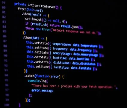 Modern Javascript, Typescript, Ecma script code with React Framework. Async with Stock Photos