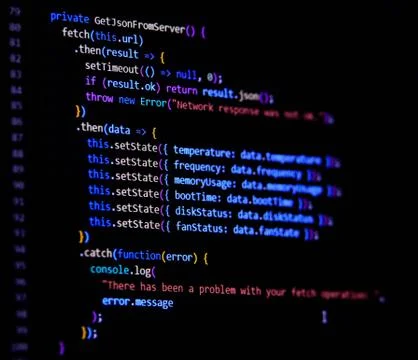 Modern Javascript, Typescript, Ecma script code with React Framework. Async with Stock Photos
