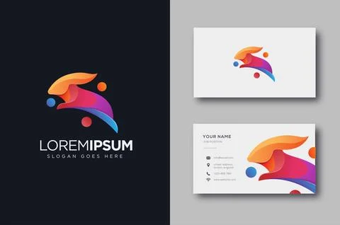 Modern jumping rabbit logo icon vector and business card template Stock Illustration