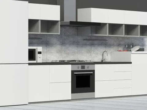 Modern Kitchen 3D Interior in White Tones Stock Illustration