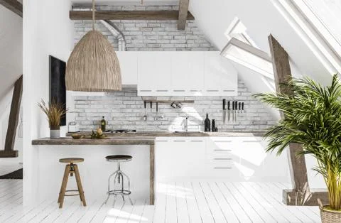 Modern kitchen in attic, Scandi-boho style, 3d render Stock Illustration