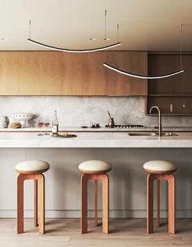 Modern kitchen bar setting with elegant wood finishes and designer lighting, 3d Stock-Illustration