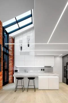 Modern kitchen with big window Stock Photos