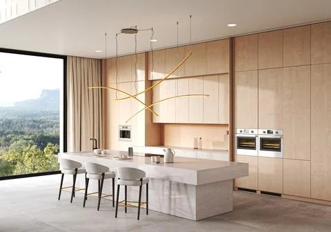 Modern kitchen that boasts a scenic view and showcases a contemporary design Ilustração Stock