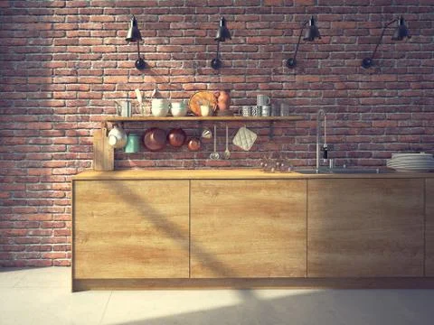 Modern kitchen with a brickwall. 3d rendering Stock Illustration