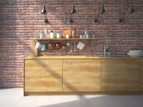Modern kitchen with a brickwall. 3d rendering Stock Illustration