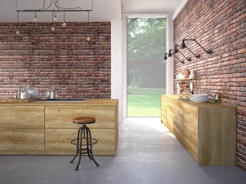 Modern kitchen with a brickwall. 3d rendering イラスト素材