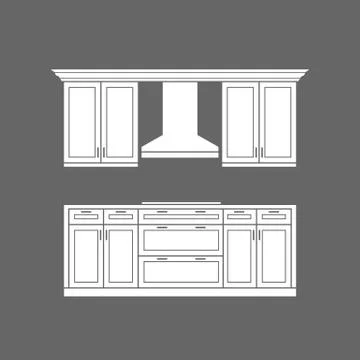 Modern kitchen cabinets with cooktop white design Stock Illustration