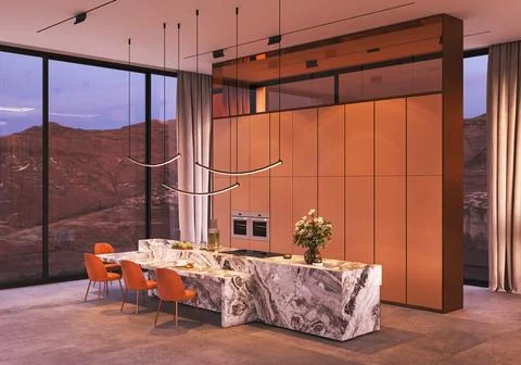 Modern kitchen that comes complete with stunning and beautiful mountain views Illustrazione stock