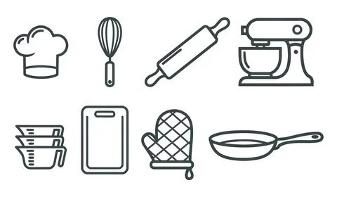 Modern Kitchen Cooking and Baking Tools Icon Set with Mixer Whisk Rolling P.. Stock Illustration
