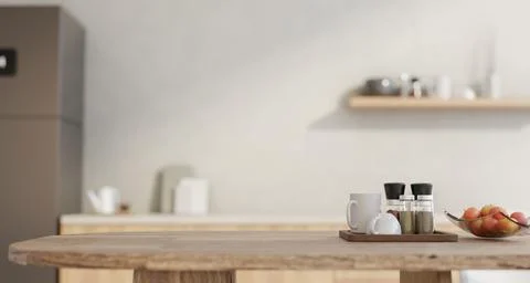 Modern Kitchen Counter with Coffee Cups, Spices and Fresh Apples Stockillustratie