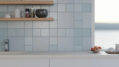 Modern Kitchen Counter with White Tile Backsplash and Open Shelves Stock Illustration