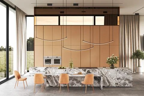 Modern kitchen design featuring an elegant marble island enhanced by natural Illustrazione stock