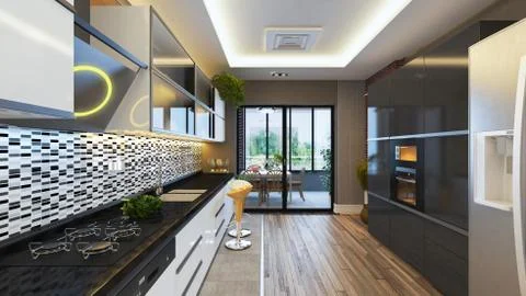 Modern kitchen design realistic 3D rendering Stock Illustration