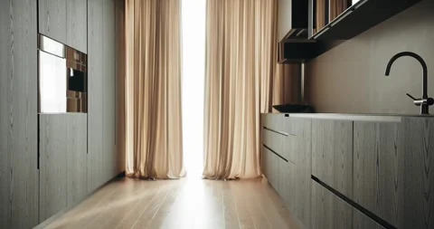 Modern Kitchen Design with Warm Natural Light and Elegant Finishes Stock Footage 342806003