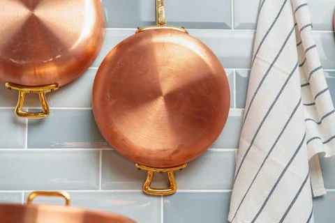 Modern kitchen details with copper kitchenware close up Stock Photos