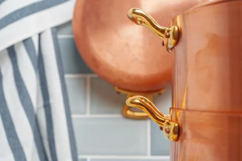 Modern kitchen details with copper kitchenware close up Stock Photos