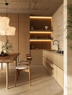 Modern kitchen dining area illuminated by creative lighting fixtures, 3d Stock-Illustration