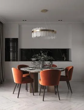 Modern kitchen-dining area with a round marble table. イラスト素材