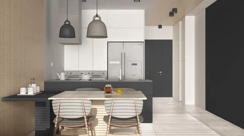 Modern kitchen with dining room in gray tones and wooden wall details, table  Stock Illustration